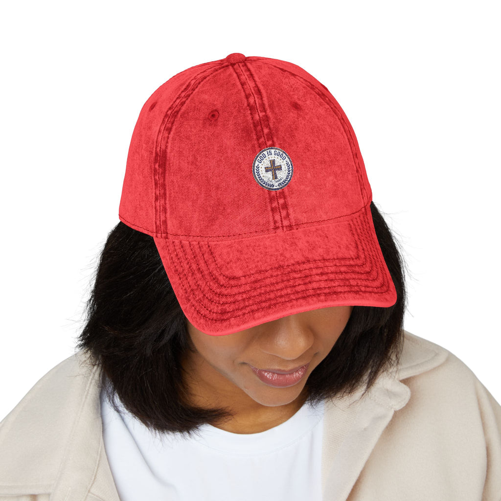 Vintage Embroidered Cap — Distressed Red Baseball Hat with Compass Patch