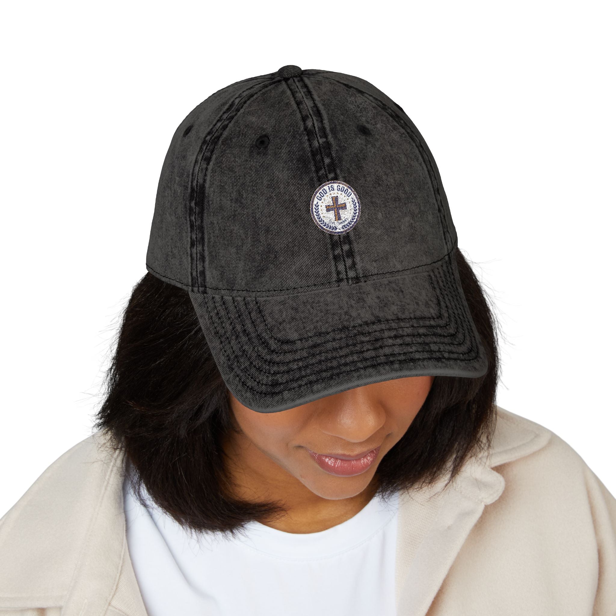 Vintage Embroidered Cap — Distressed Red Baseball Hat with Compass Patch