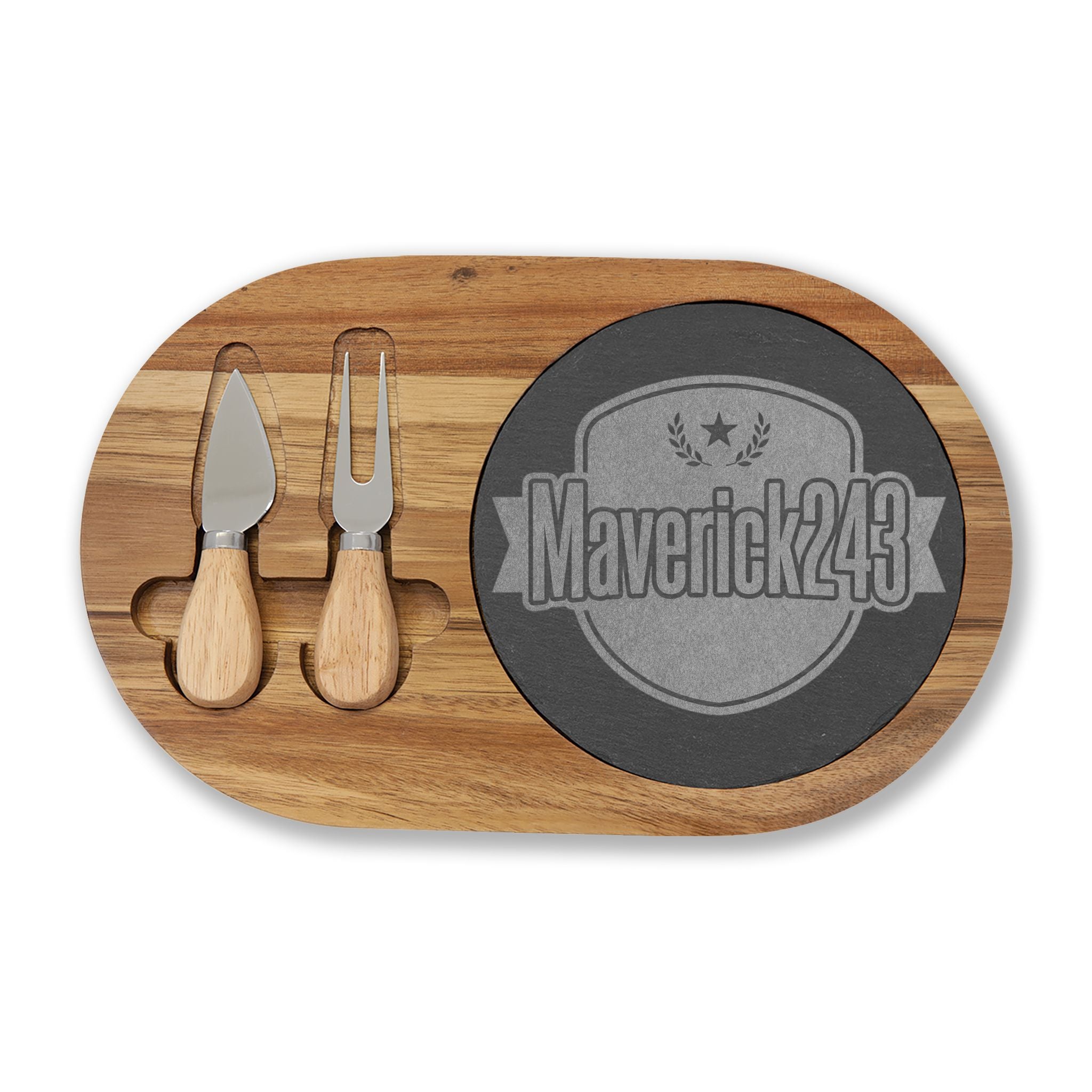Engraved Bamboo Charcuterie Board with Slate Insert & Cheese Knives
