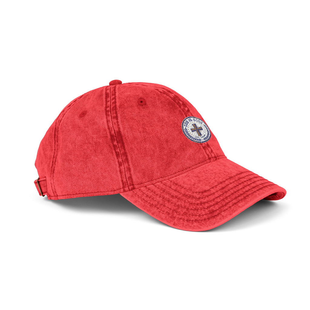 Vintage Embroidered Cap — Distressed Red Baseball Hat with Compass Patch