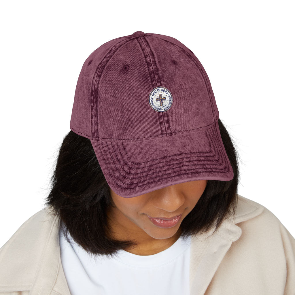 Vintage Embroidered Cap — Distressed Red Baseball Hat with Compass Patch