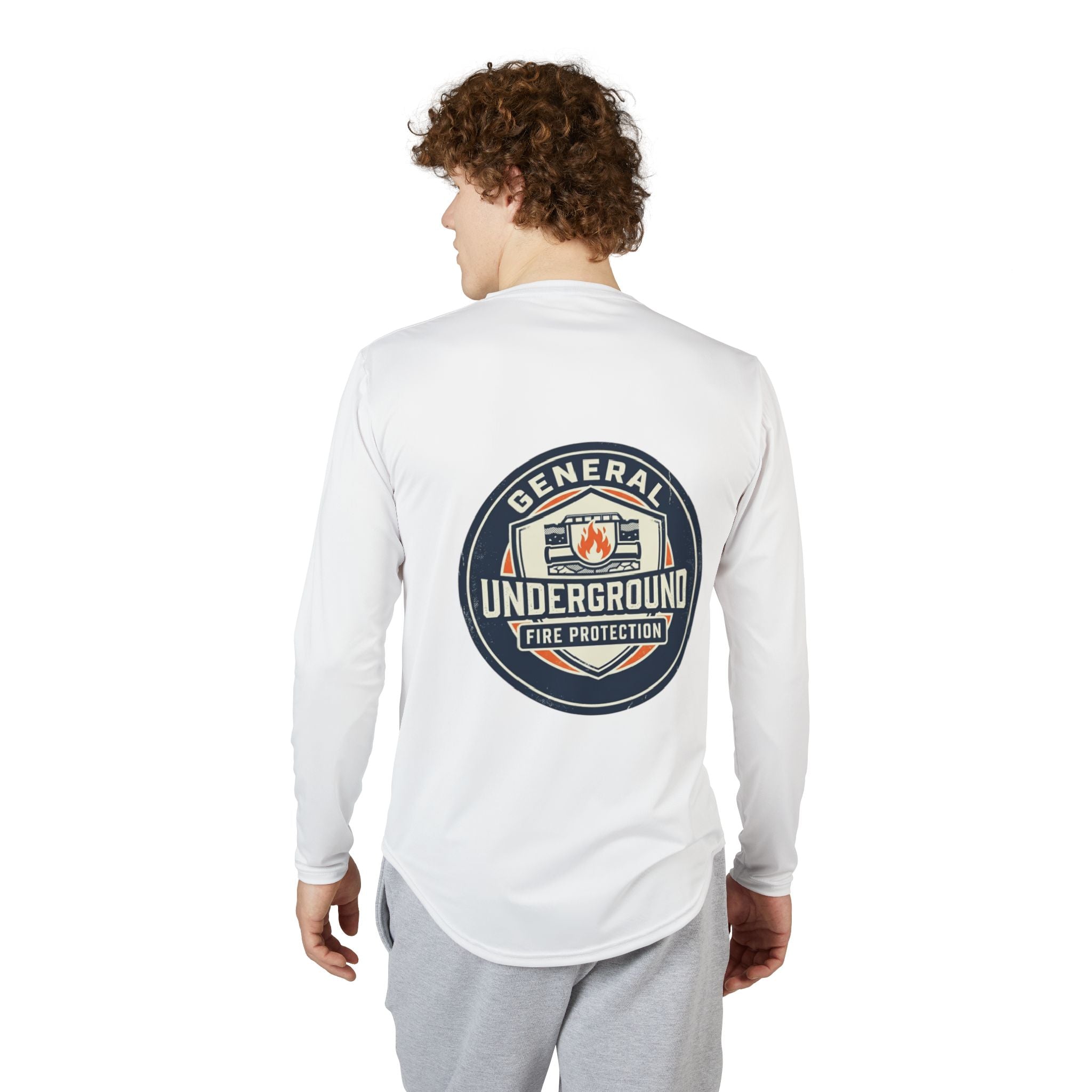 Men’s Long Sleeve UV Shirt — Underground Fire Protection Badge Graphic