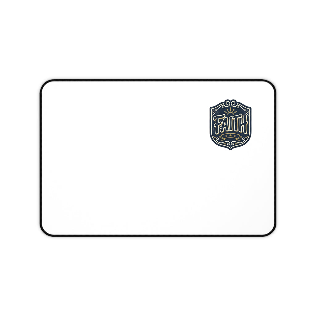 Faith Crest Desk Mat — Minimal White Mouse Pad with Faith Emblem