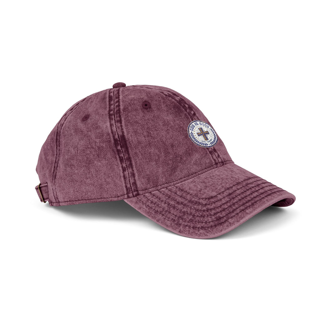 Vintage Embroidered Cap — Distressed Red Baseball Hat with Compass Patch