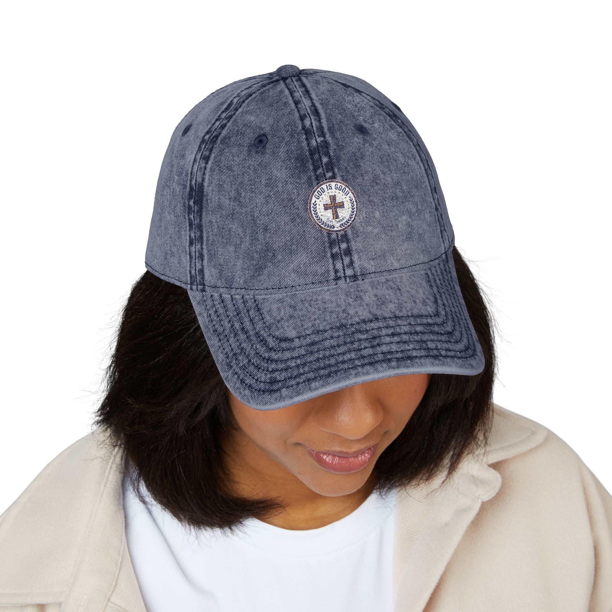 Vintage Embroidered Cap — Distressed Red Baseball Hat with Compass Patch