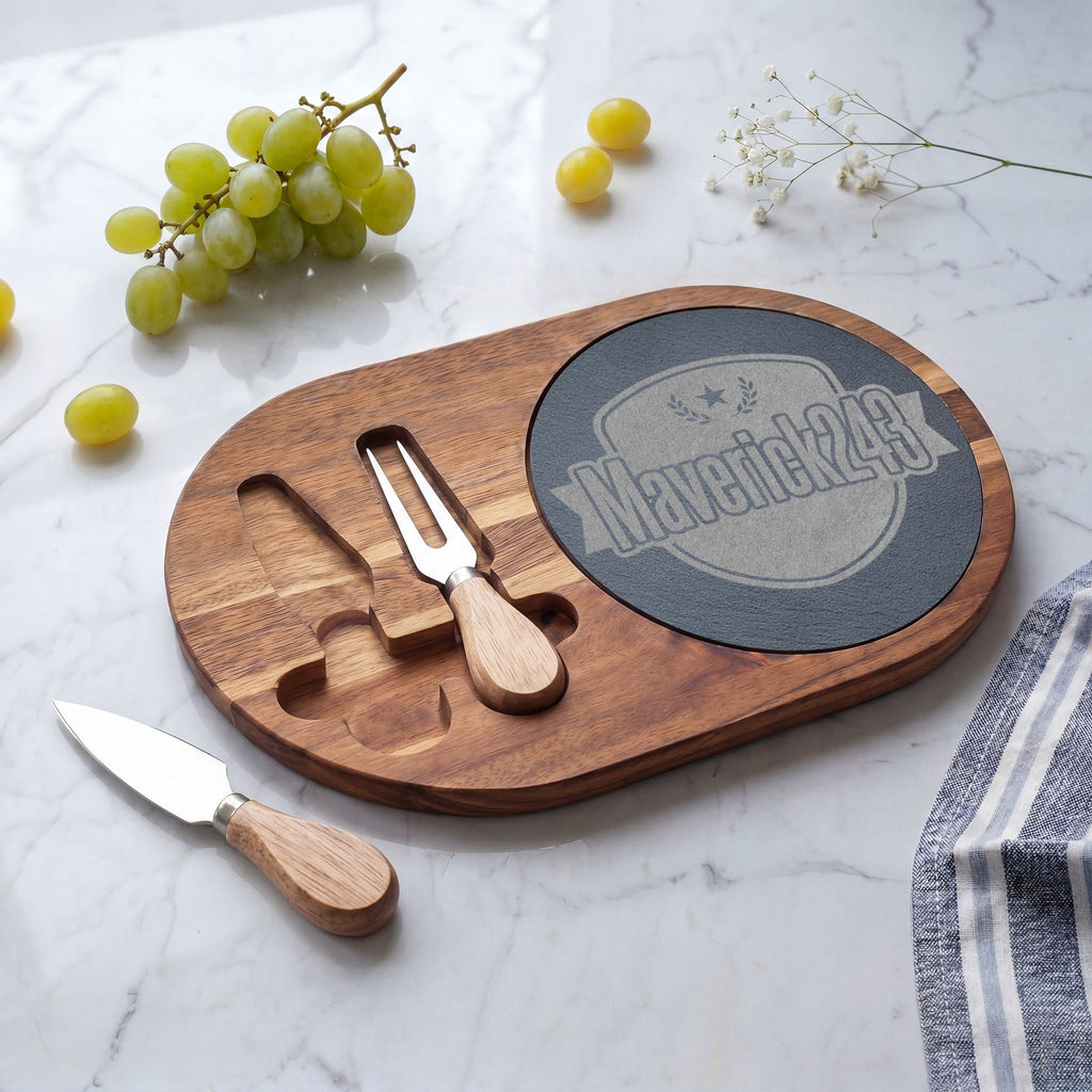 Engraved Bamboo Charcuterie Board with Slate Insert & Cheese Knives