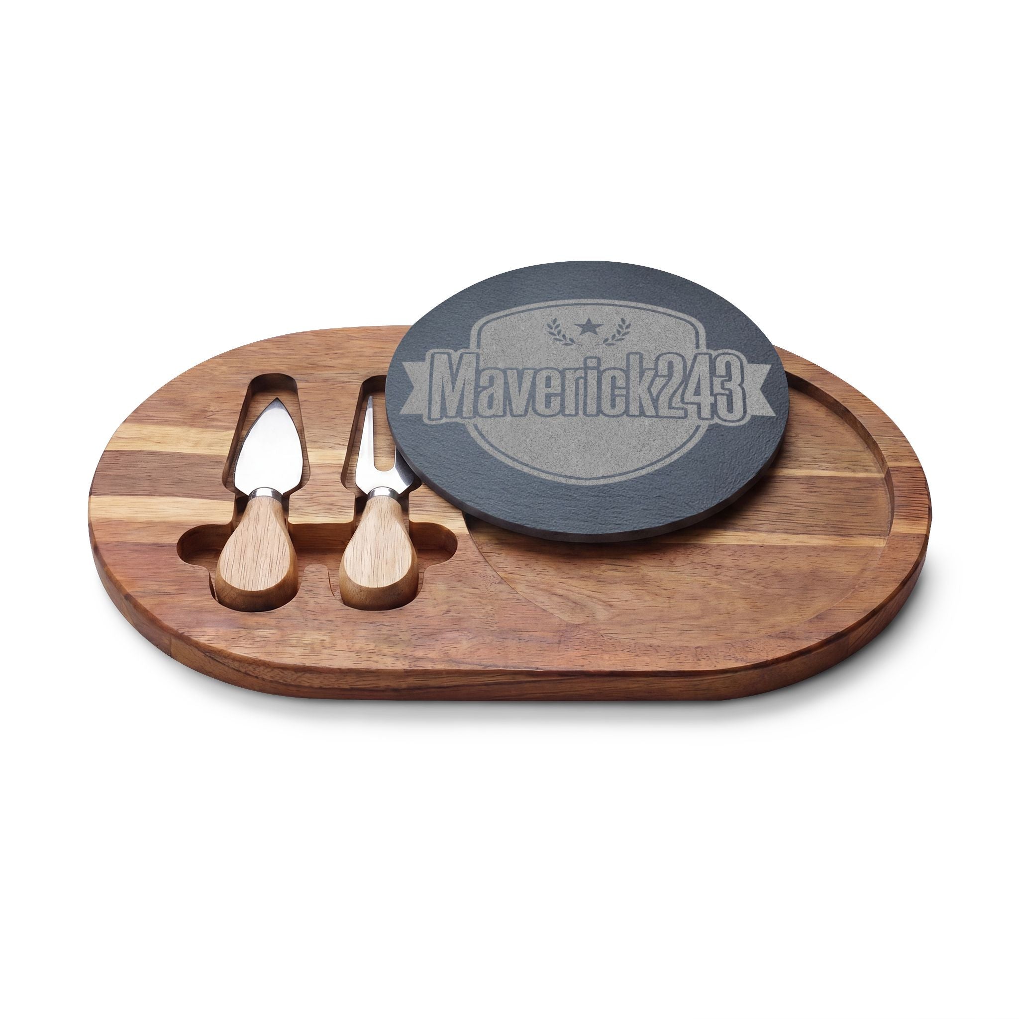 Engraved Bamboo Charcuterie Board with Slate Insert & Cheese Knives