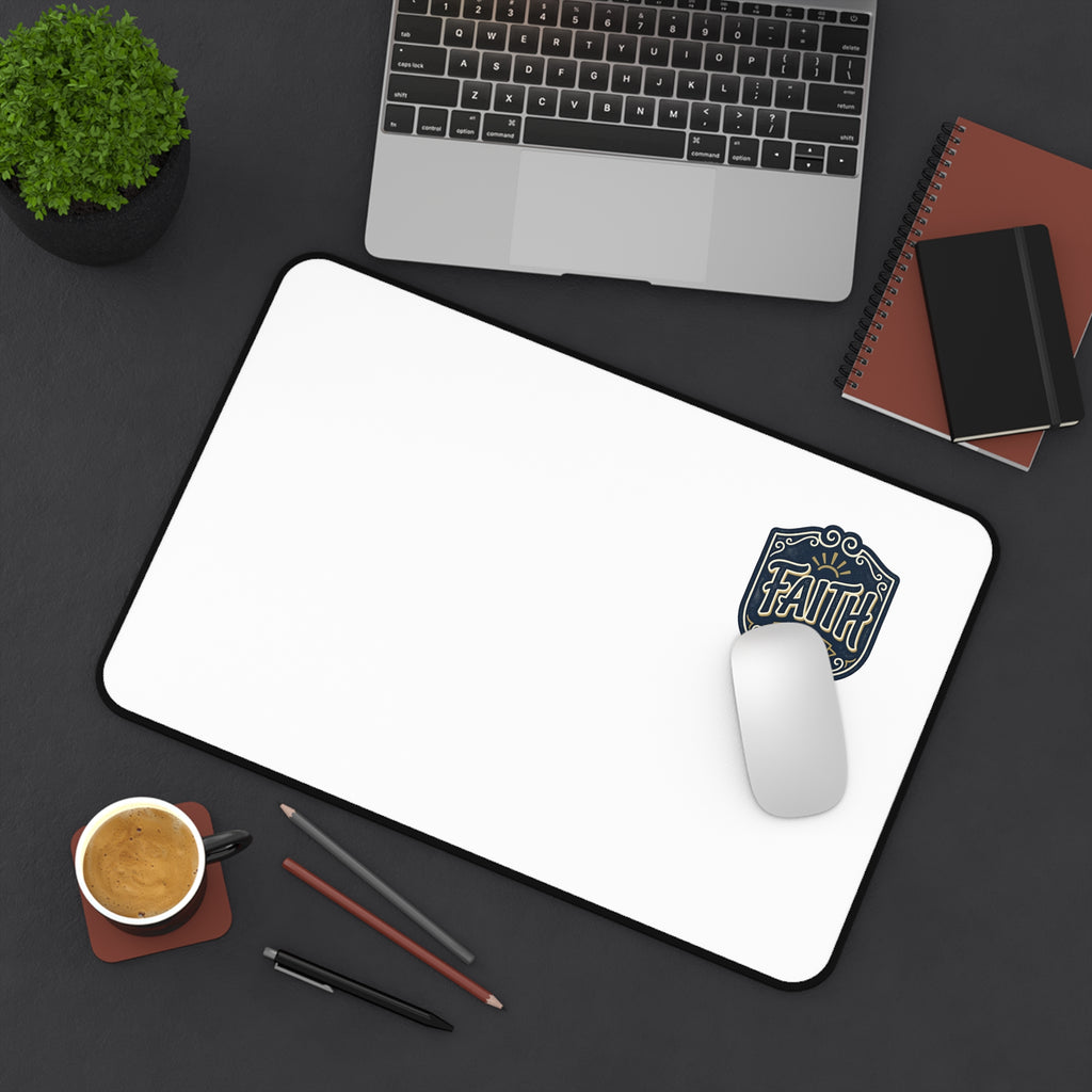 Faith Crest Desk Mat — Minimal White Mouse Pad with Faith Emblem