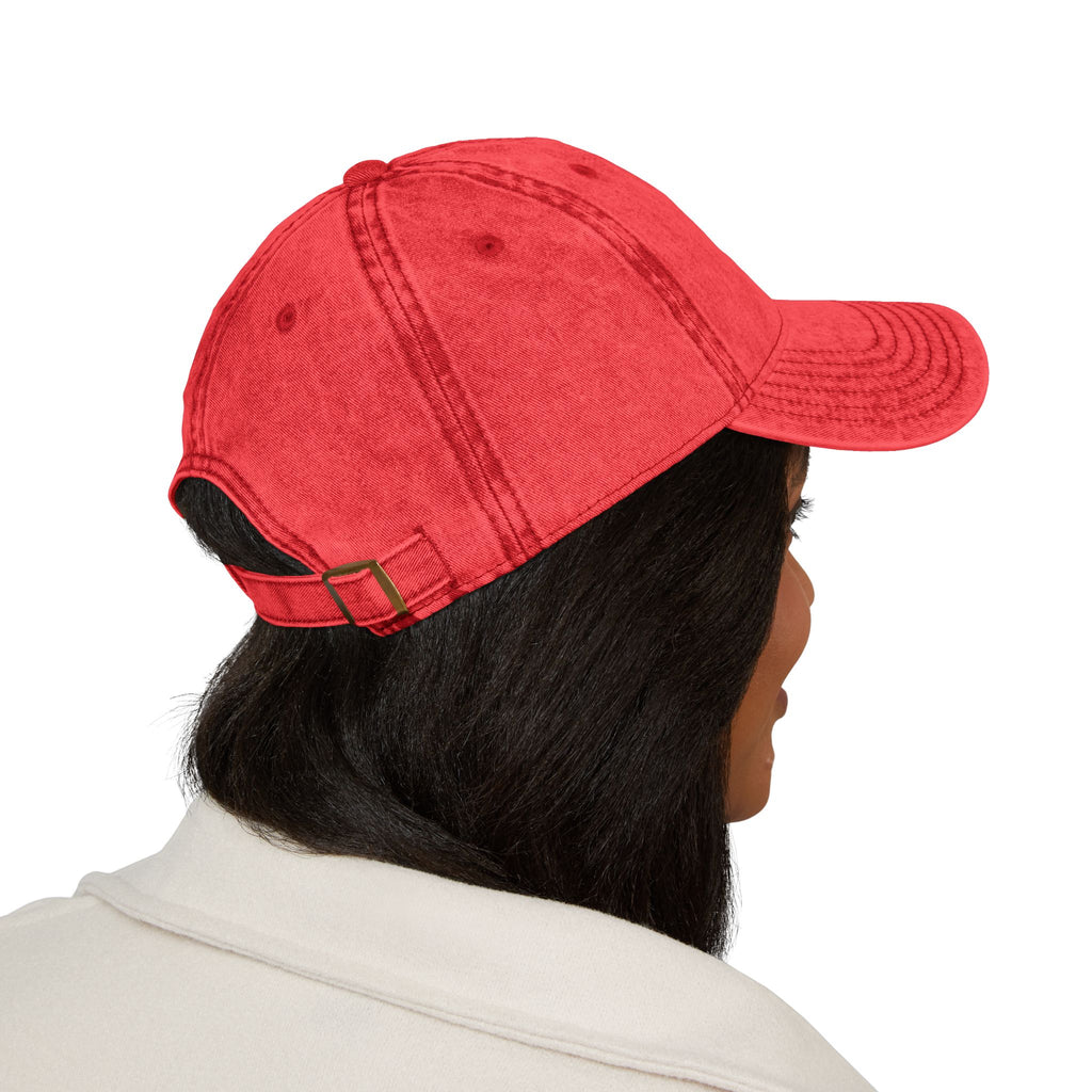 Vintage Embroidered Cap — Distressed Red Baseball Hat with Compass Patch