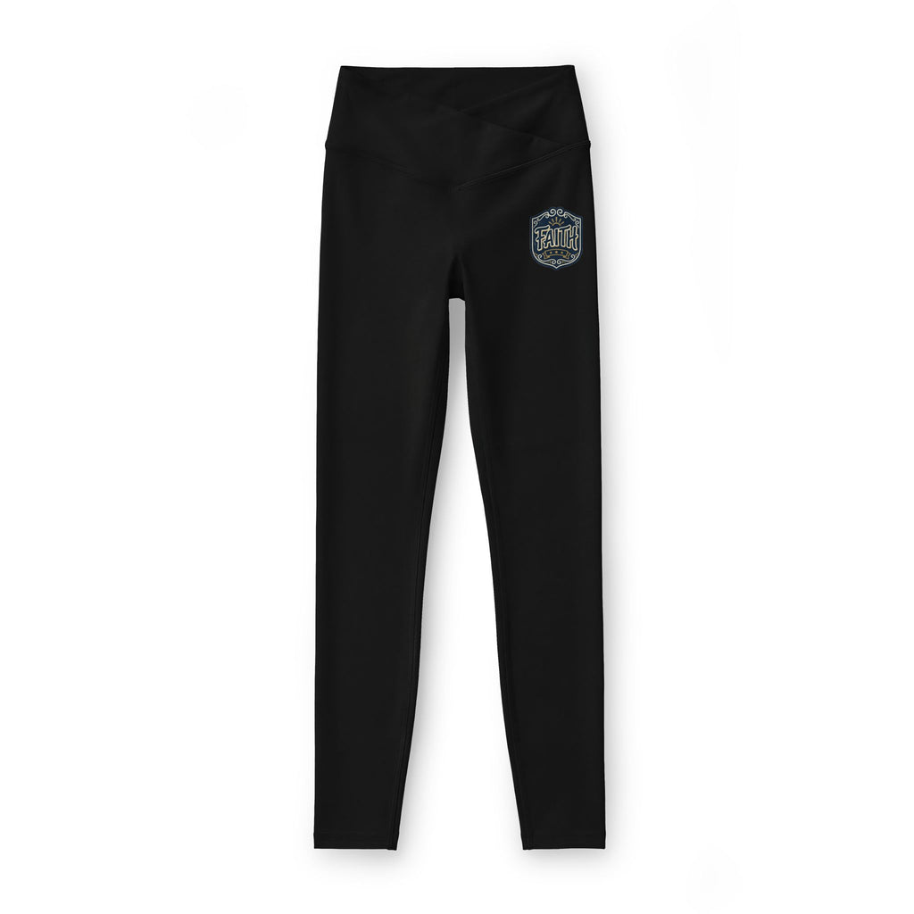 Women’s Luxe Leggings — Black High-Waist Athletic Leggings with Small Retro Badge Graphic