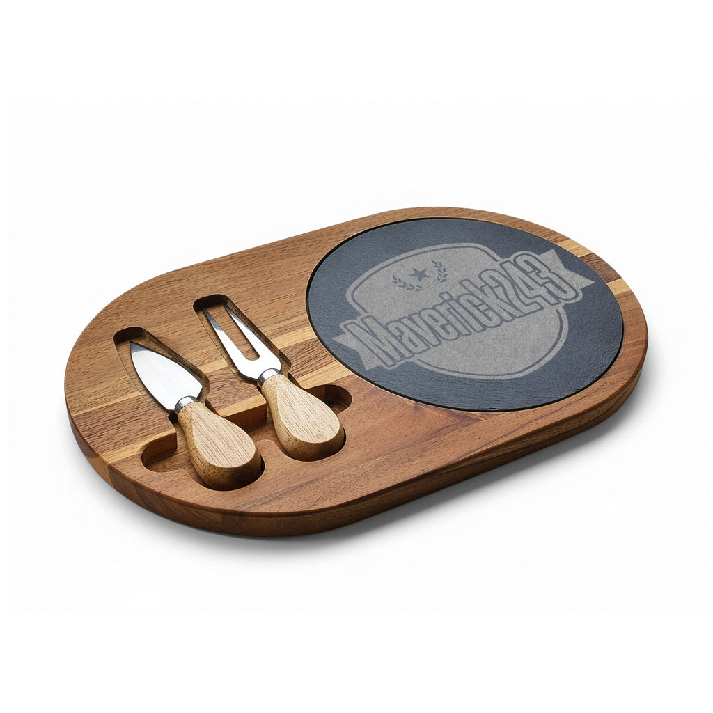 Engraved Bamboo Charcuterie Board with Slate Insert & Cheese Knives