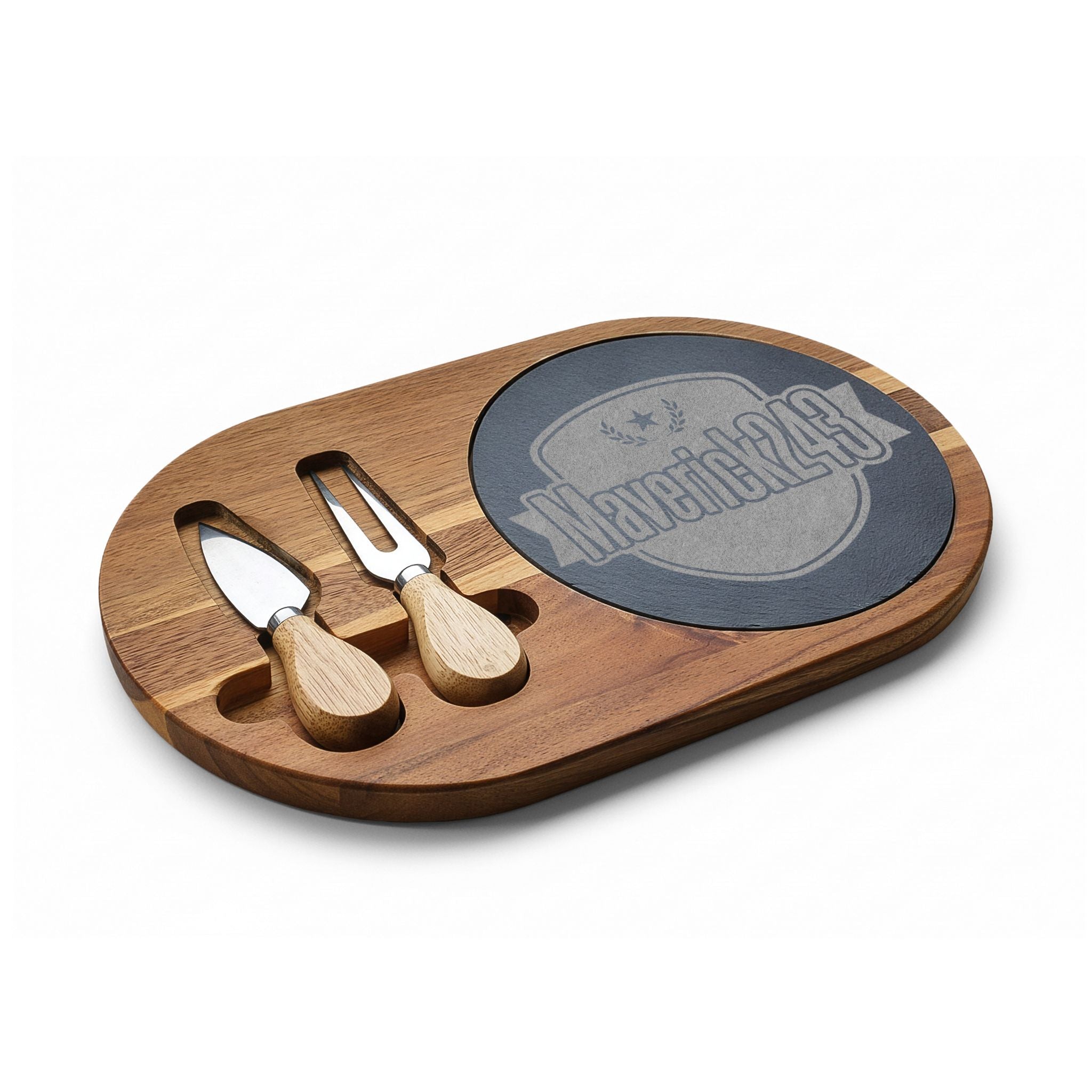 Engraved Bamboo Charcuterie Board with Slate Insert & Cheese Knives