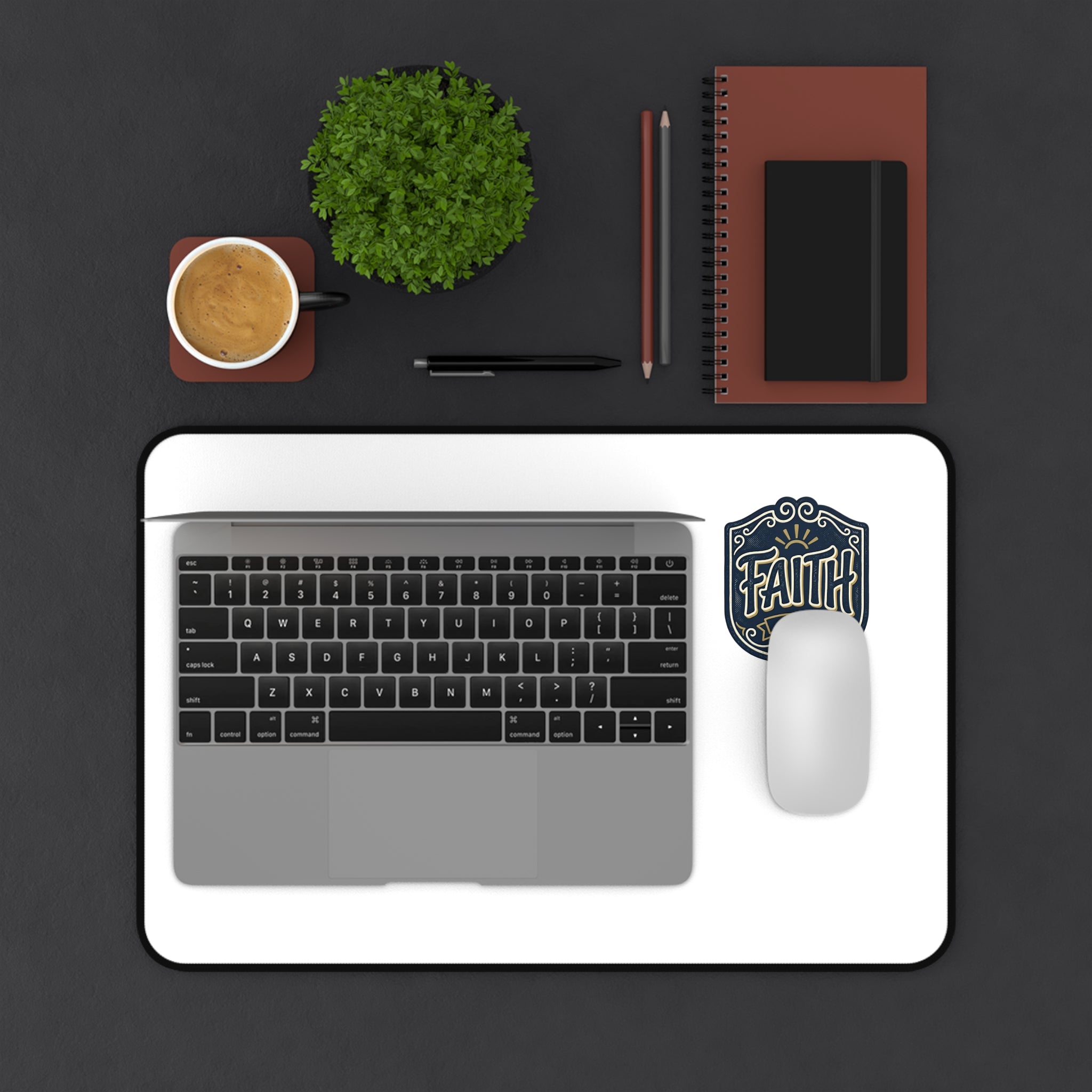 Faith Crest Desk Mat — Minimal White Mouse Pad with Faith Emblem