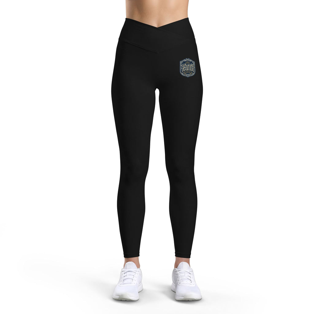 Women’s Luxe Leggings — Black High-Waist Athletic Leggings with Small Retro Badge Graphic