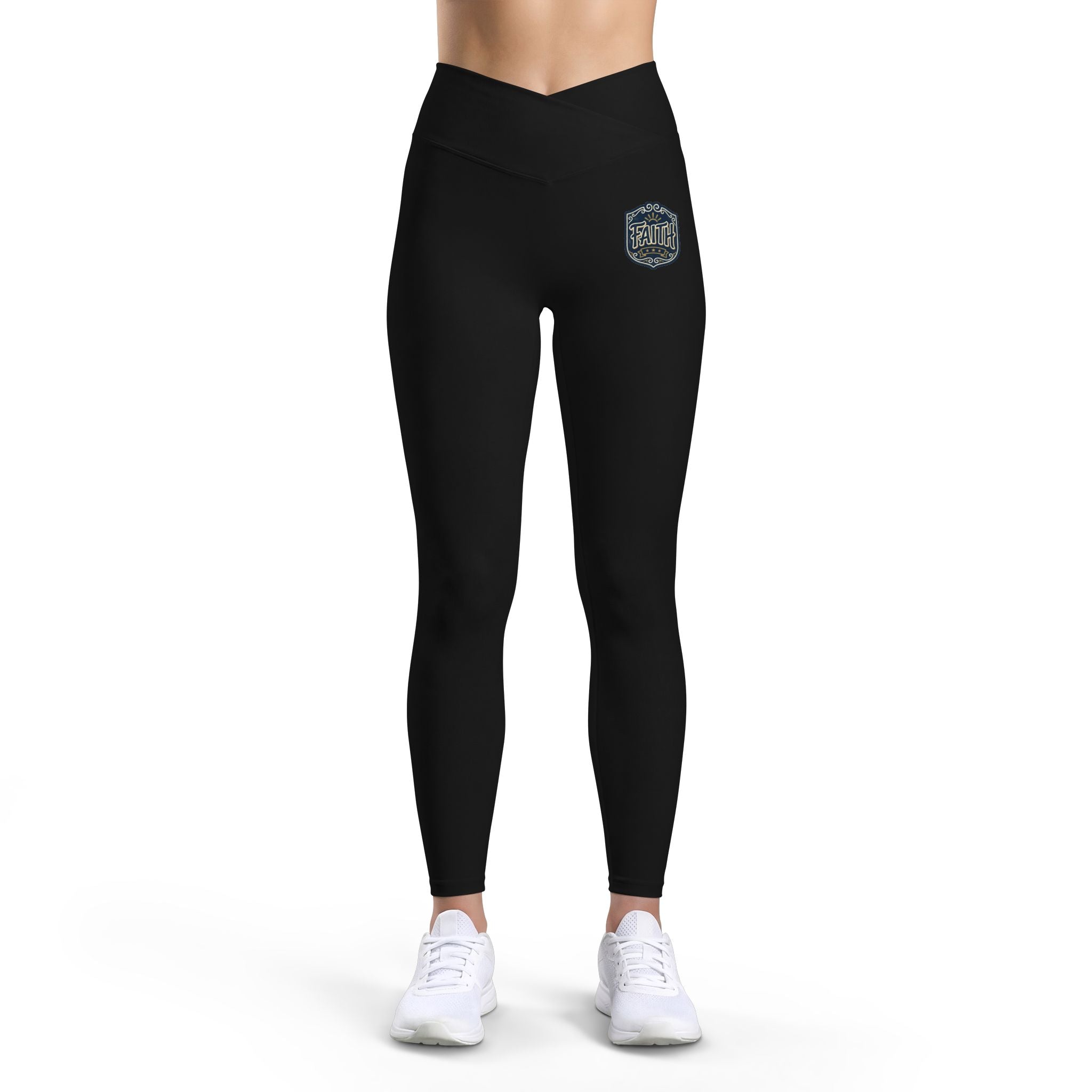 Women’s Luxe Leggings — Black High-Waist Athletic Leggings with Small Retro Badge Graphic